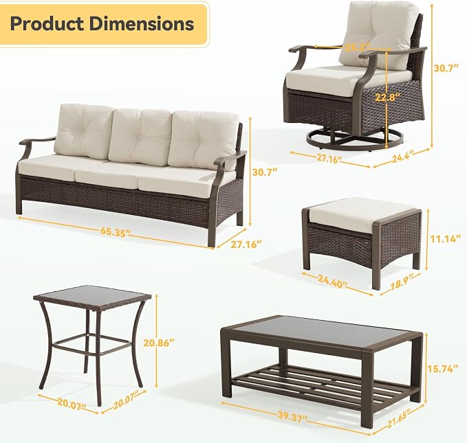 7 Pieces Metal Patio Furniture Set, Outdoor Conversation Set Sectional Sofa Couch with Swivel Chairs for Garden Deck Backyard, Beige