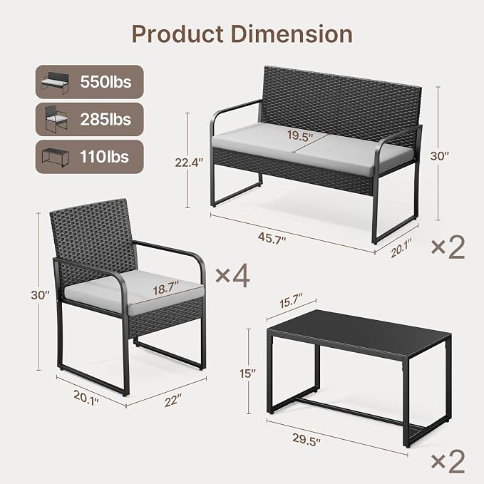Gizoon 8 Piece Outdoor Patio Furniture Set, Outdoor Black Wicker Patio Furniture with Glass Coffee Table, Modern Rattan Chairs Conversation Set, for Porch, Garden, Lawn, Grey Cushion