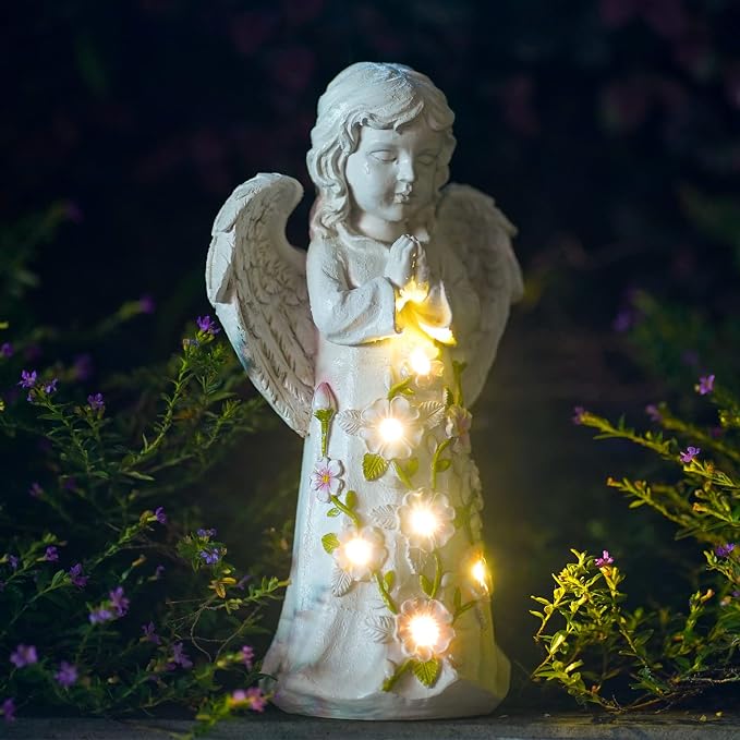 Nacome Solar Garden Outdoor Statues Angel with Succulent | 7 LED Lights, Lawn Decor Statue for Patio, Balcony, Yard Ornament, Gifts for Mom Grandma Women