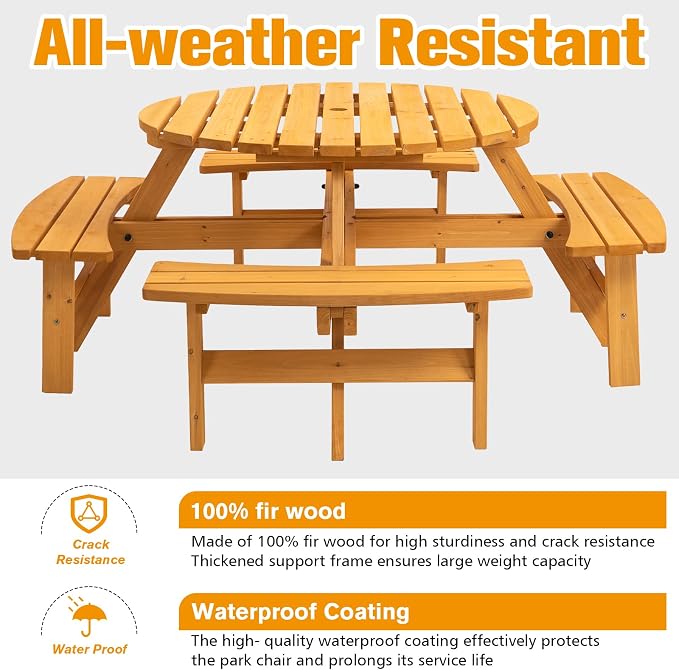 8 Person Wooden Picnic Table, Outdoor Camping Dining Table with Seat, Garden, DIY w/ 4 Built-in Benches, 2220lb Capacity - Natural