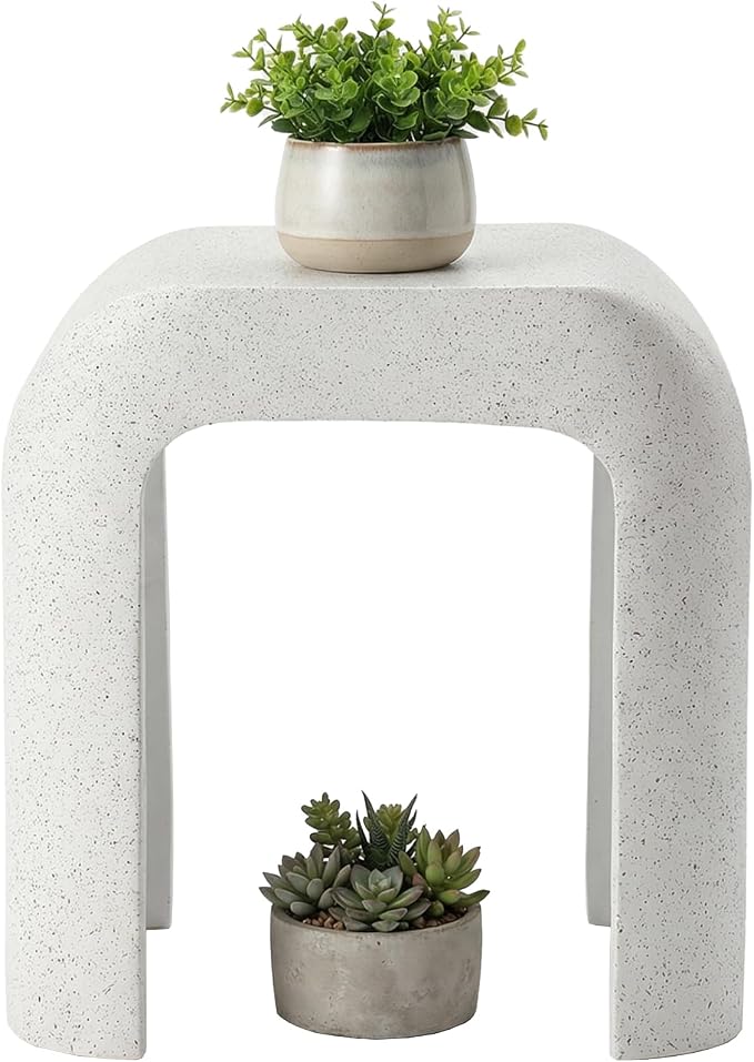 HOMPUS Outdoor Side Table, Concrete End Table w U-Shaped, Round Patio MgO Coffee End Table, Modern Accent Stone Garden Stool for Indoor Outdoor Use, Spotted White