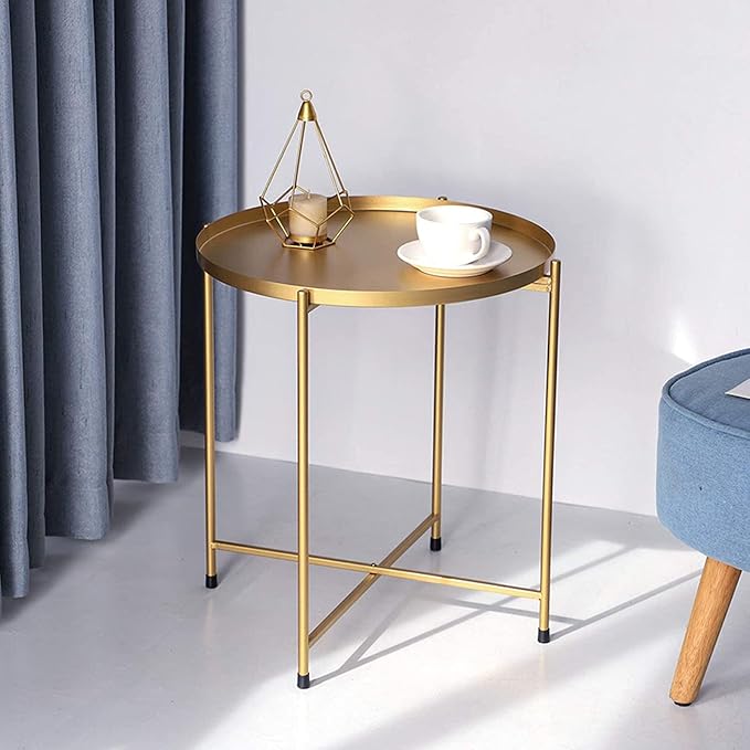 Tray Metal Round End Table Folding Small Side Table Outdoor & Indoor Coffee Table for Small Spaces Bedroom Patio,Gold