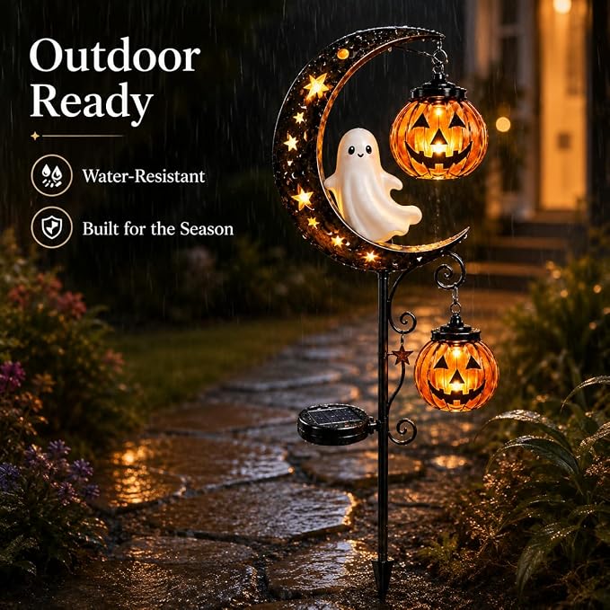 Solar Halloween White Ghost & Pumpkin Moon Garden Stake Light, Outdoor Waterproof LED Yard Decoration with Crescent Moon, Hanging Jack-o'-Lantern Lantern for Garden, Patio, Walkway, Porch(Style D)