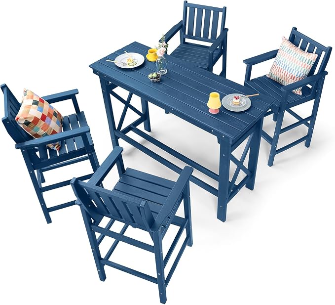 5-Piece HDPE Patio Bar Set, Rectangular Bar Height Table and 4 Adirondack Bar Chairs, All-Season Outdoor Bar Stools Set, Outdoor Bar Table and Chairs Set for Outside, Balcony, Deck, Navy