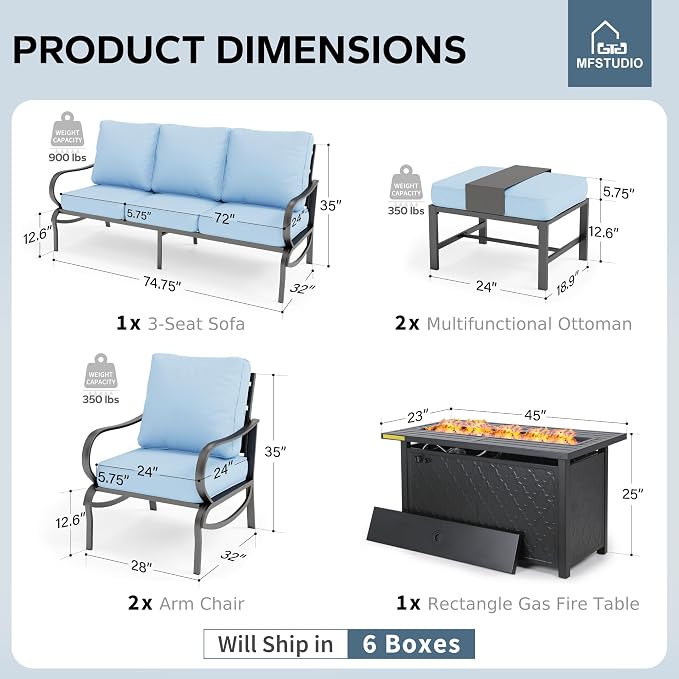 MFSTUDIO 6 Pieces Patio Furniture Sets with 45" Gas Fire Pit Table(Up to 7 Seat),Outdoor Metal Conversation Sofas with 1 x 3-Seat Sofa, 2 Sofa Chairs and 2 Ottoman,Blue Cushion