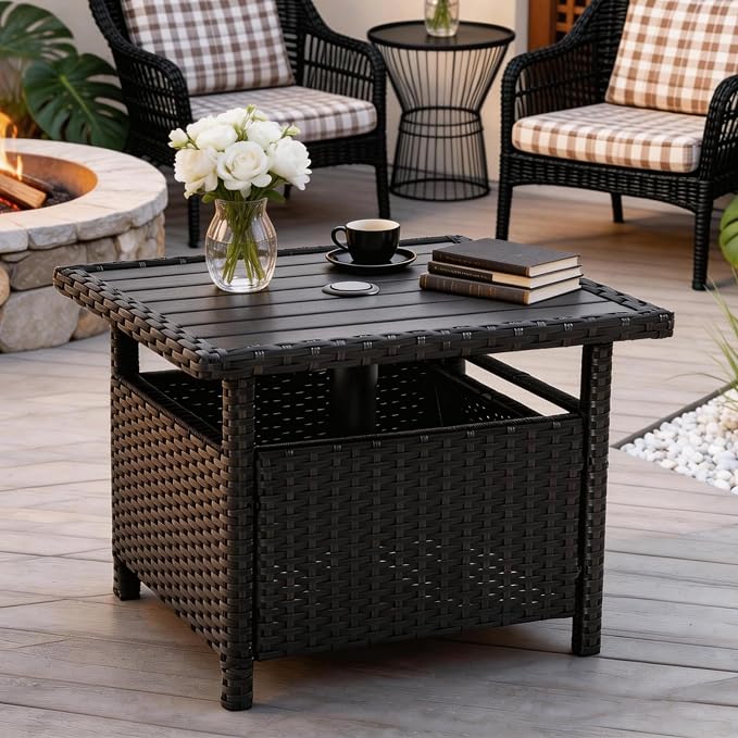 Sundale Outdoor Patio Umbrella Stand All Weather Wicker Rattan 22 in Umbrella Table Garden Furniture Deck Pool Table, Black