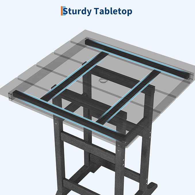 3-Piece HDPE Outdoor Bar Table and Stools Set, 39.6" Tall Pub Table with Umbrella Hole and 2 Counter Height Chairs, Weatherproof Patio Dining Furniture for Backyard, Balcony, Bistro, Dark Grey