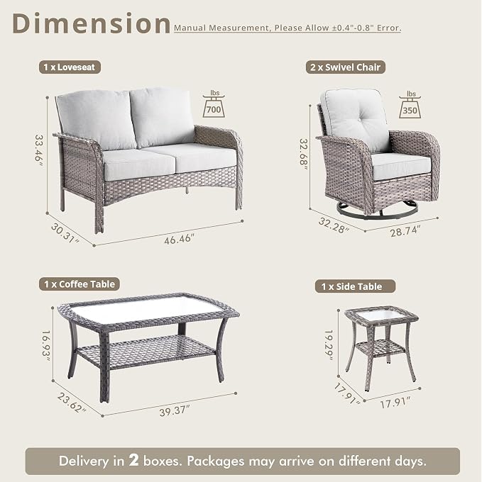 Weaxty 7 Pieces Patio Furniture Set,Wicker Outdoor Swivel Rocking Chairs,Rattan Loveseat Couch,Coffee Table,Patio Sofa Conversation Sets for Deck Backyard Porch Poolside, Dark Gray