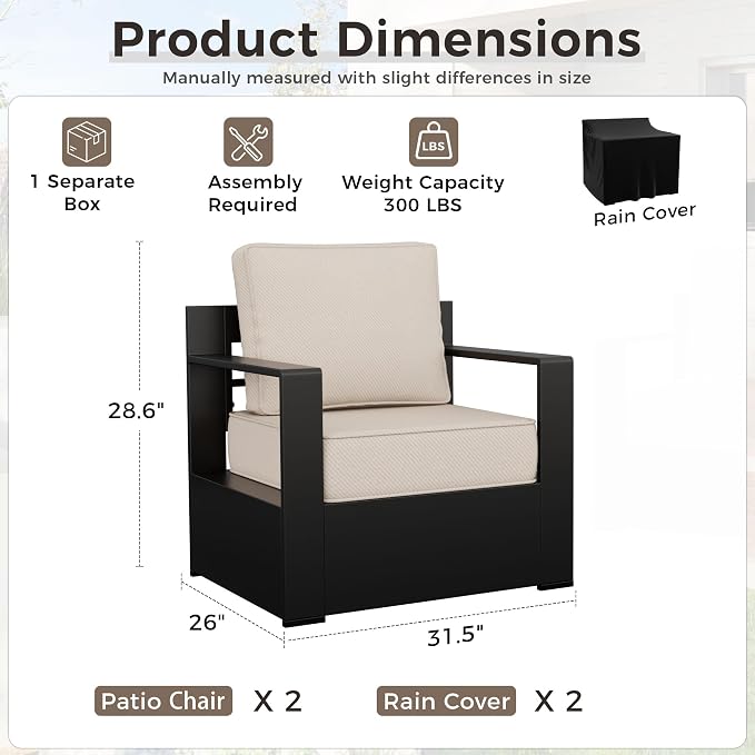 Outdoor Patio Furniture Aluminum Patio Chairs, All-Weather Metal Outdoor Chair with 6 Inch Thick Cushions, Deep Setting for Garden, Outside and Porch, Beige
