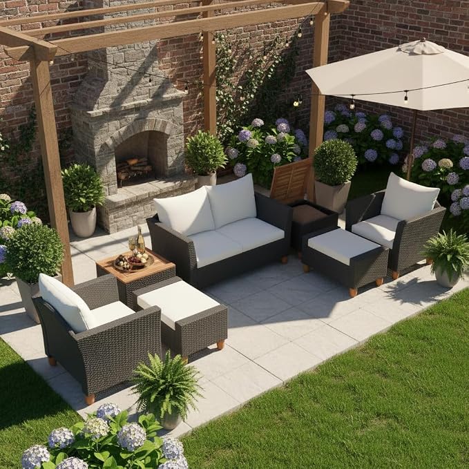 Tangkula 7 Pieces Patio Furniture Set, PE Rattan Sectional Sofa Set with Loveseat, Armchairs, Ottomans & Table, Acacia Wood Tabletop, Outdoor Conversation Set for Porch, Garden & Poolside