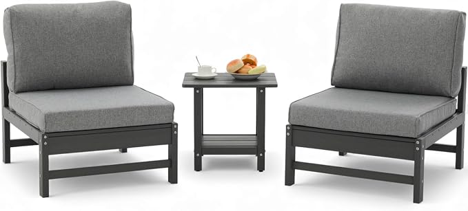 HDPE Outdoor Patio Chair Set with Cushions, 3-Piece Armless Chair Conversation Set with 2 Weatherproof Armless Chairs and Side Table, All-Weather Waterproof Outdoor Seating for Porch, Balcony & Garden