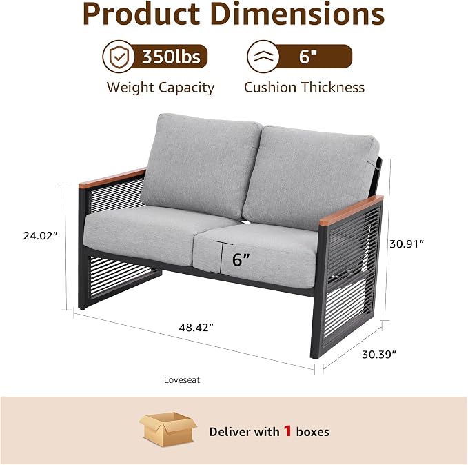 NATURAL EXPRESSIONS Aluminum Patio Loveseat Sofa, Outdoor Couch Furniture with Fauxwood Armrest, 6" Olefin Cushion, Rattan Side-armrest, All-Weather Outside Couch for Porch, Yard, Balcony, Deck