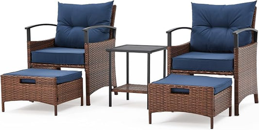 ECOTOUGE 5 Pieces Patio Furniture Set, Outdoor Wicker Chairs with Pull Out Ottoman & Metal Coffee Table, Rattan Conversation Set for Garden, Deck, Balcony, Poolside(Blue)