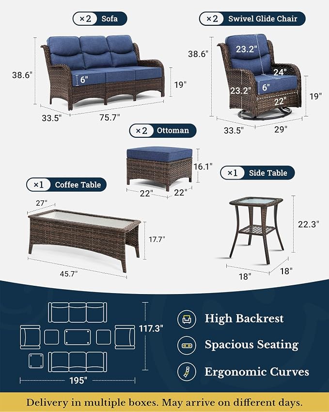 HILLGA 8-Piece Luxury Patio Furniture Set with 6" Thick Cushions, Weather-Resistant Wicker High Back Swivel Rocker Chairs, Senior-Friendly Outdoor Sofa Set for Large Deck, Yard and Poolside, Blue(V2)