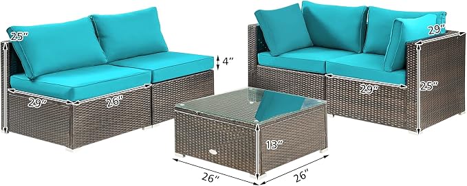 DORTALA 5 Pieces Patio Furniture Set, Outdoor Rattan L-Shaped Corner Sofa Set with Cushions, Coffee Table, Patio Sectional Conversation Set for Backyard Porch Garden Poolside, Turquoise