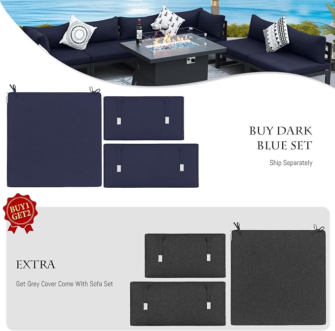 BULEXYARD 11 Pcs Oversized Contemporary Aluminum Patio Furniture Set, All Weather Modular Sectional Sofa with Tanning Chair & Fireplace, 500 lbs Heavy Duty Comfy Outdoor Couch for Beach, Dark Blue