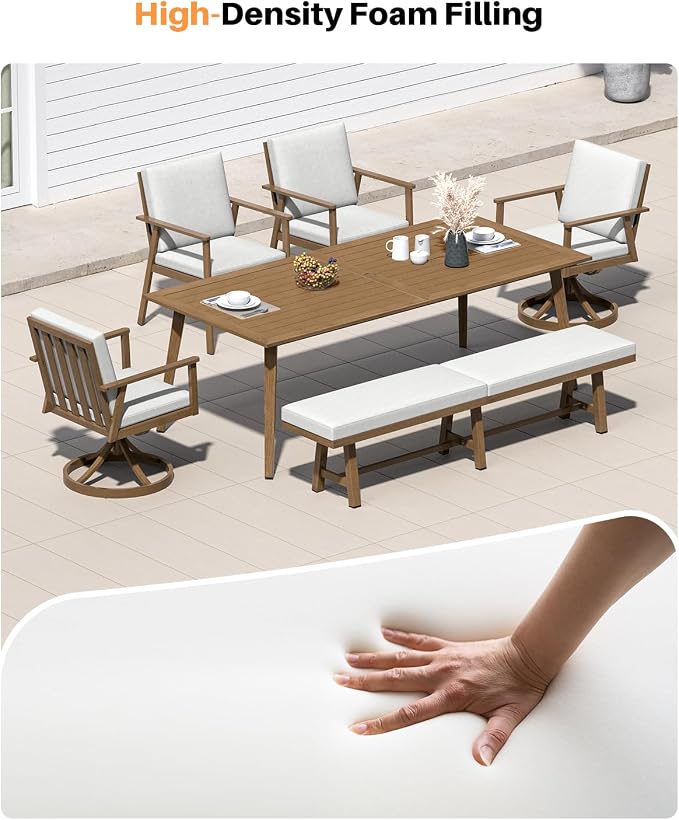 6-Piece Never-Rust Aluminum Bench Dining Table Set, Patio Dining Set with Umbrella Hole, Outdoor Bench with Rectangular Table, 2 Dining Chairs and 2 Swivel Chairs for Deck, Backyard, Teak