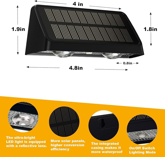 Solar Fence Lights IP64 Waterproof Warm White Outdoor Wall Decor 6 Pack | Auto On/Off LED Solar Deck Lights, Suitable for Railings, Steps, Pools, Backyards, Patios & Porches Outdoor Decoration