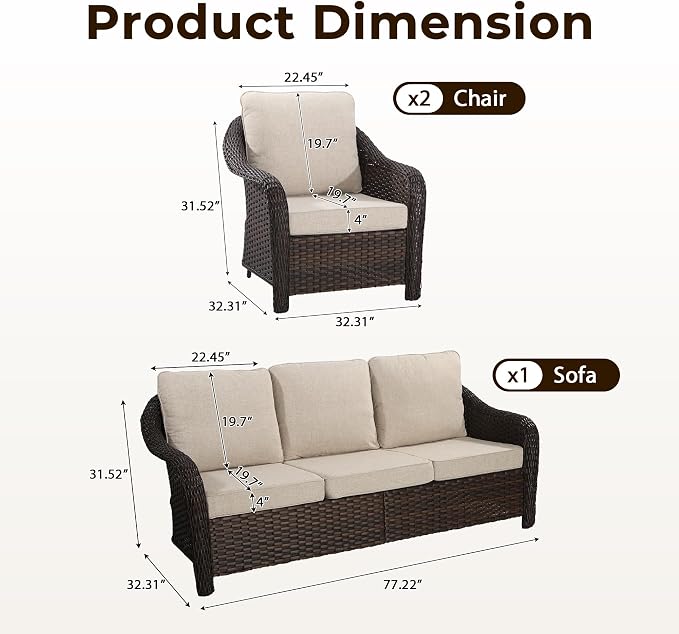 3 Piece Patio Wicker Conversation Set, All-Weather Use Outdoor Wicker Sofa with 2 PE Rattan Chair, Ideal for Porch, Backyard, Balcony, Poolside, Beige