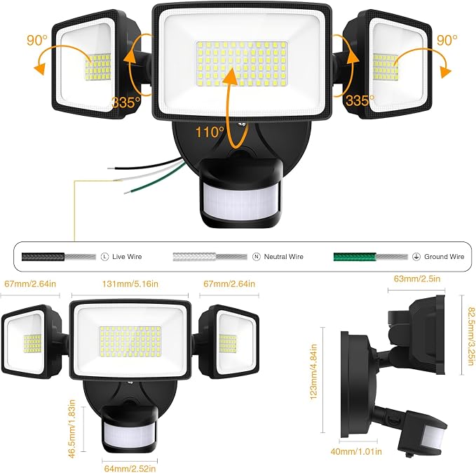 Onforu 75W LED Flood Light Motion Sensor Outdoor, 7000lm Dusk to Dawn Flood Light, Security Light with Three Head, IP65 Waterproof Exterior Floodlight, 6500k Wall Light for Entryway Stairs Yard Garage