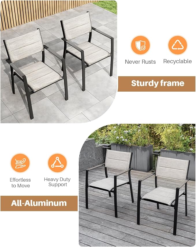2-Piece Patio Stackable Dining Chairs, Never-Rust Aluminum Outdoor Stackable Patio Chairs, Outdoor Dining Chair Set of 2 with Double-Layer Thickened Textilene for Deck, Garden, Pool, Limed Oak