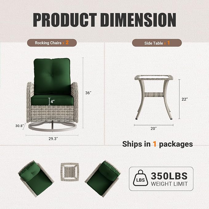 Patio Rocking Swivel Chairs Outdoor Wicker Rattan Bistro Set with Tempered Glass Side Table, Outdoor Patio Furniture Set for Garden, Deck, and Balcony, Dark Green