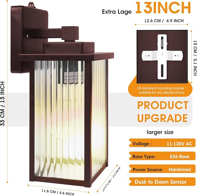 13" Bronze Dusk to Dawn Outdoor Light, Exterior Light Fixture | Auto On and Off, Anti-Rust Metal Frame, Tempered Glass, E26 Socket, Easy DIY Install on Porch, Garage