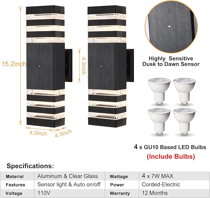 Dusk to Dawn Outdoor Wall Lights 2 Pack, 3000K Warm White Front Porch Light Fixture, Anti-Rust Black LED Up and Down Outdoor Lights for House