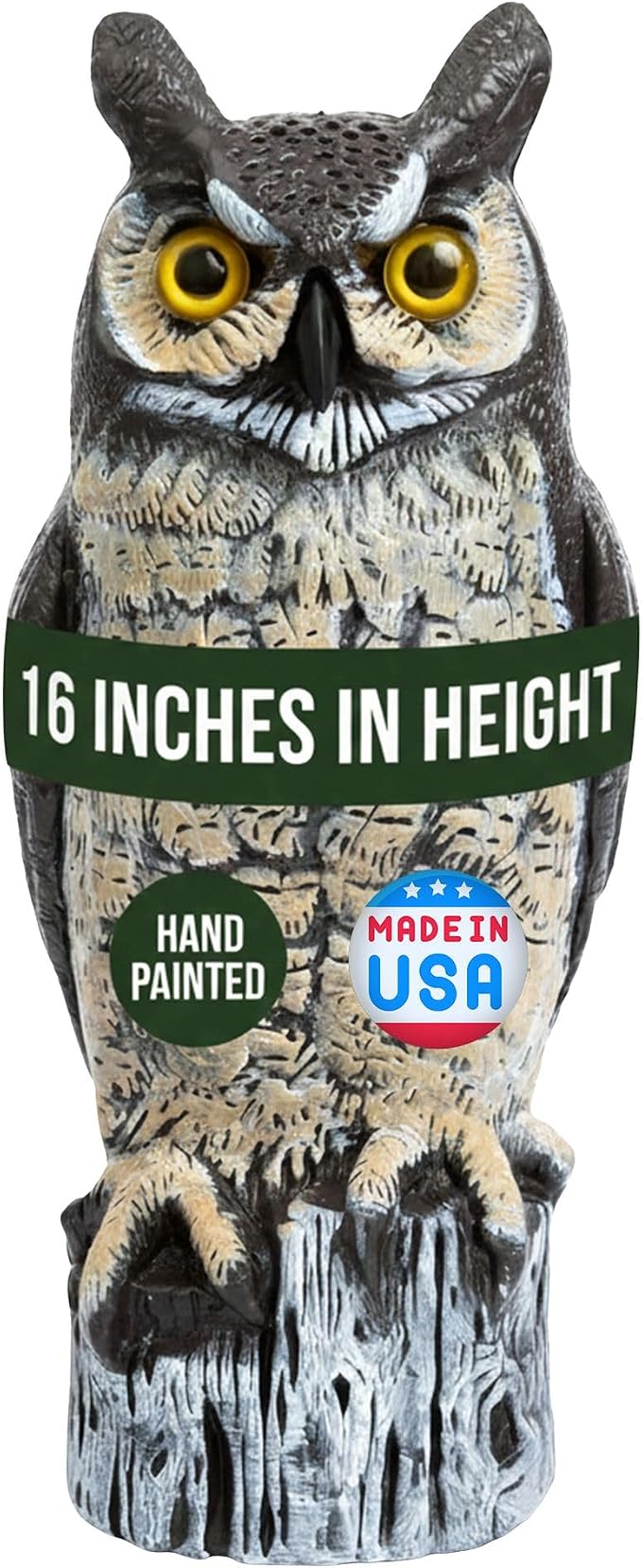 Dalen Lifelike Great Horned Owl Decoy Bird Repellent - 16in Hand-Painted Scarecrow for Gardens & Rooftops, Owl Bird Deterrent, Fixed-Head Design, Fill Base with Sand/Gravel Only - Multicolor