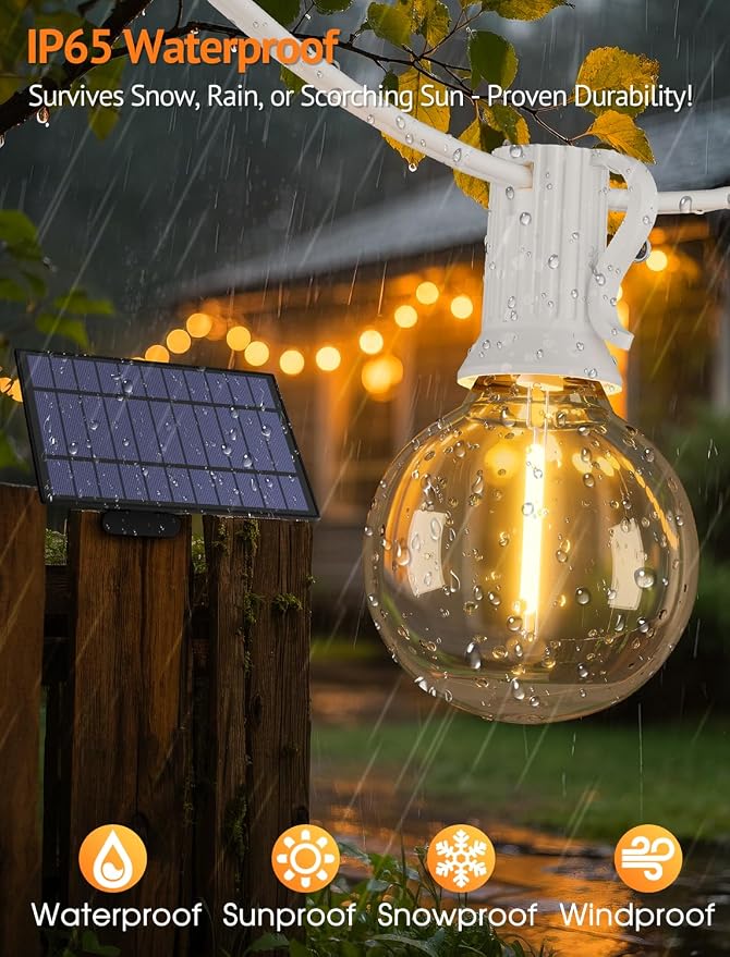 50FT(2x25FT) Solar String Lights with Remote, 20+2 G40 Bulbs, White | Solar Powered, Dusk to Dawn, Dimmable, Timer, Memory Function, LED Globe Hanging Lights for Wedding Party Cafe Decor