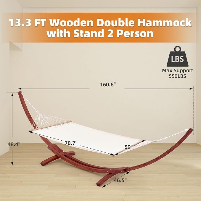 ECOTOUGE 13 FT Wooden Hammock with Stand, Outdoor Double Hammock with Wood Stand 2 Person Heavy Duty Hammock and Stand for Outside Backyard, Balcony, Porch, Patio, Garden, 550 lbs Capacity, White