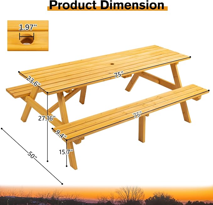 Hohuqeri Picnic Table Bench Set for 8 Persons, 6FT Large Camping Table, Wood Outdoor Dining Beer Table Set with 2” Umbrella Hole for Patio Lawn Garden (Yellow)