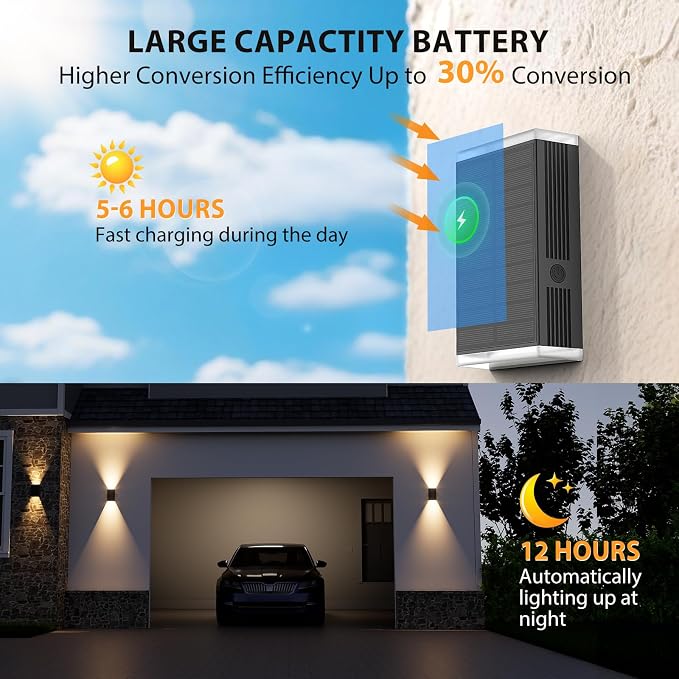 Solar Wall Light Outdoor , 3000/4000/6000K 3 Modes Dusk to Dawn Lighting Wall Sconce IP67 Waterproof Up and Down Solar Lights Outdoor Front Door Light for House, Garage, Porch, Doorway,Fence (1 PACK)