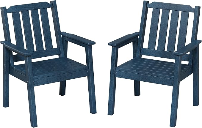 Outdoor Dining Chairs Set of 2, HDPE Patio Chairs 650LBS Capacity All-Weather Yard Armchair with Slatted Seat, 23.9" Wide Heavy Duty Modern Backyard Furniture for Garden, Poolside, Deck (Navy Blue)