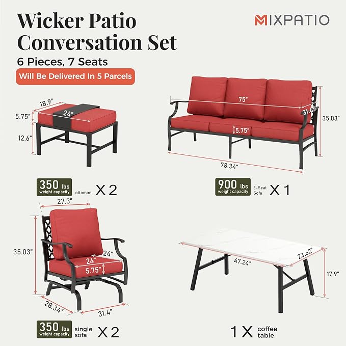 MIXPATIO Patio Furniture Set 6 pcs, Outdoor Patio Furniture, 3-Seat Sofa, 2 Rocking Chairs, 2 Ottomans, Coffee Table and 5.75" Extra Thick Cushion, Conversation Set for Backyard Deck, Red