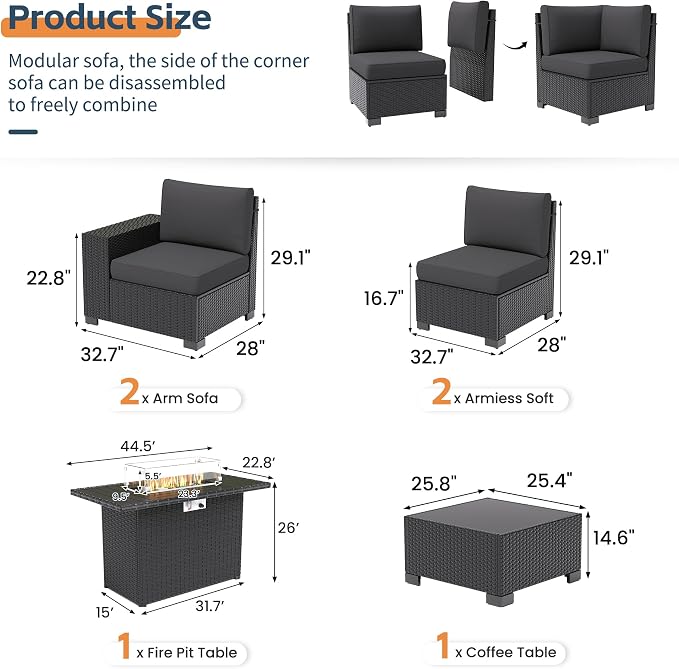 UDPATIO Patio Furniture Set with Fire Pit Table, Outdoor Wicker Conversation Set with 8'' Wide Armrests, Patio Sectional Sofa Set for Backyard, Deck, Black Cushions