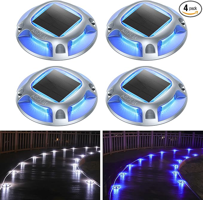 AGPTEK Solar Driveway Lights Outdoor 4 Pack, 2 Color Modes LED Deck Dock | Marine Waterproof Driveway Marker Lights for Step Sidewalk Stair Garden Pathway Walkway Yard (Blue Light/Cool White)