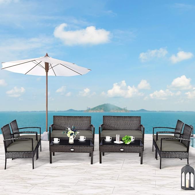 Tangkula 8-PCS Wicker Patio Conversation Furniture Set, Outdoor Rattan Chair and Table Set, Patio Furniture Sets with Coffee Table & Washable Cushions for Courtyard Balcony Garden (2, Brown)