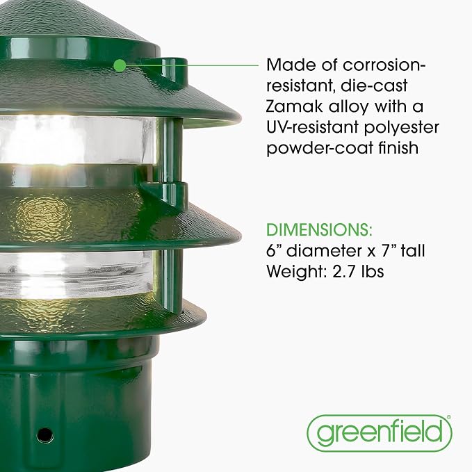 Greenfield Made in the USA Weatherproof Line-Voltage (120V) 3-Tier LED Outdoor Pathway Light – Permanent Outside Light with Mounting Hardware – Professional Grade – Green