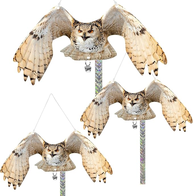 Owls to Keep Birds Away: 3Pcs Fake Owl with Reflective Tape for Garden Patio, Reflective Hanging Decoration to Keep Birds Pigeon from Windows Tree