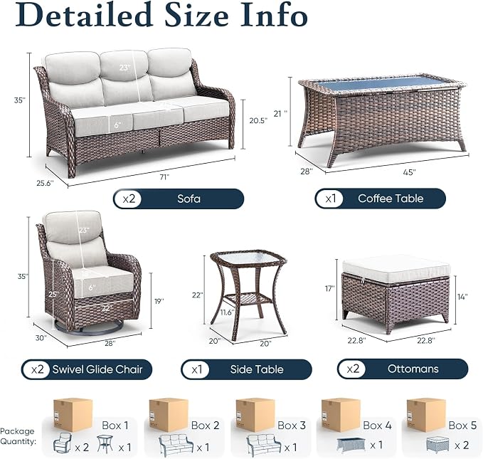 Belord Luxury 6" Thick Cushioned 8 Pieces Patio Furniture Set with Outdoor Couch, Wicker Outdoor Conversation Set with High Back Swivel Rocker Chairs for Deck Porch Yard and Poolside - Brown-Beige