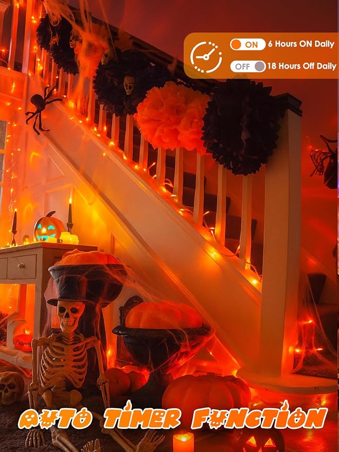 33FT 100 LED Battery Operated Halloween String Lights 8 Modes Twinkle Light | Orange Fairy Lights with Auto Timer, Battery Lights Waterproof for Indoor Outdoor Party Bedroom Porch Decorations