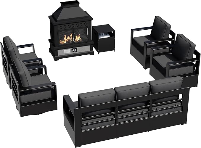 Outdoor Aluminum Furniture Set, 6-Piece Patio Conversation Set, 2 Swivel Chairs, 2 Chairs,1 Sofa and 1 Fireplace, All-Weather Metal Frame, 6" Thick Removable Cushions, Deep Setting for Porch
