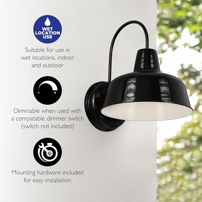 Design House Mason Farmhouse Gooseneck Barn Light, Outdoor Exterior Porch or Patio Wall Light Fixture, Satin Black, 8 Inch Diameter, 1-Pack, 579367 | Wall Mount, Modern Farmhouse, Steel, Lighting, 579367