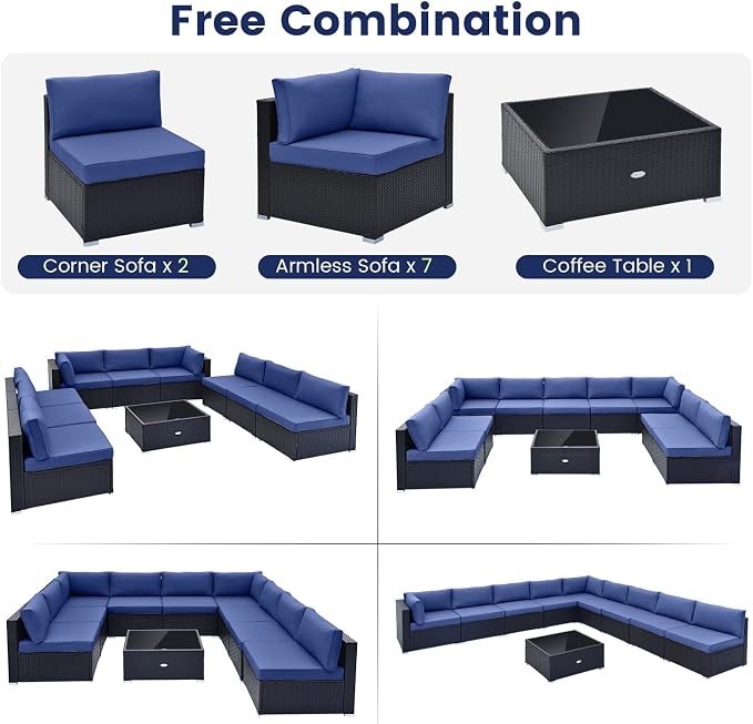 Tangkula 10 Pieces Patio Sofa Set, Outdoor Wicker Conversation Set with Soft Cushions, Tempered Glass Tabletop, Sofa Fastener Clips Included, Rattan Furniture Set for Backyard, Poolside (Navy)