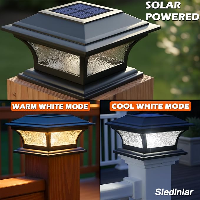 SIEDiNLAR Solar Post Lights Outdoor Glass LED Fence Cap Light 2 Modes for 4x4 5x5 6x6 Posts Deck Patio Garden Decoration Warm White/Cool White Lighting Black (4 Pack)