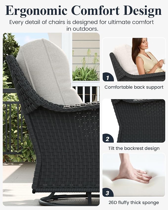 LayinSun 3 Piece Wicker Outdoor Furniture Set with 6-inch Comfy Cushions, High Back Patio Furniture Set with Swivel Rocking Chairs and Side Table
