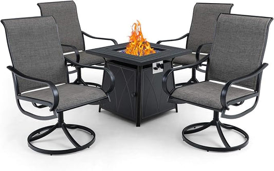 PHI VILLA 5 Piece Patio Set with Firepit Table, 4 Swivel Patio Dining Chairs Textilene Fabric with Metal Frame & 1 28 Inch 50000 BTU Auto-Ignition Propane Gas Fire Pit Table