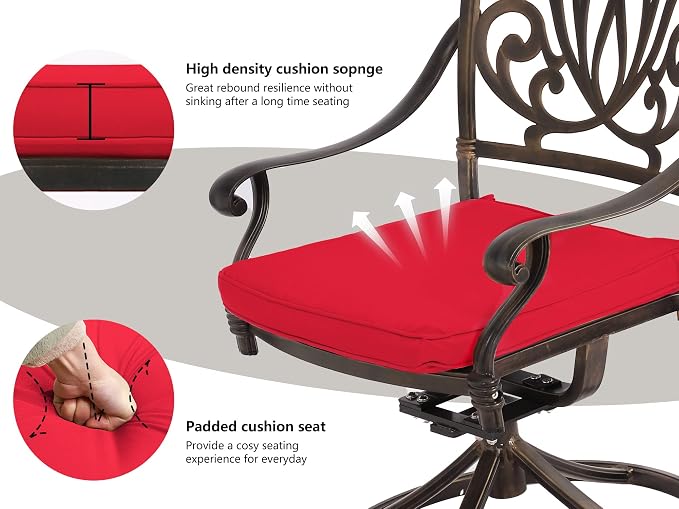 Grepatio 5 Piece Cast Aluminum Patio Dining Set, Outdoor Furniture Set with 4 Swivel Rocker Ding Chairs, 4 Cushions and 35.4" Square Patio Table with 2.4" Umbrella Hole, Antique Bronze (Red)