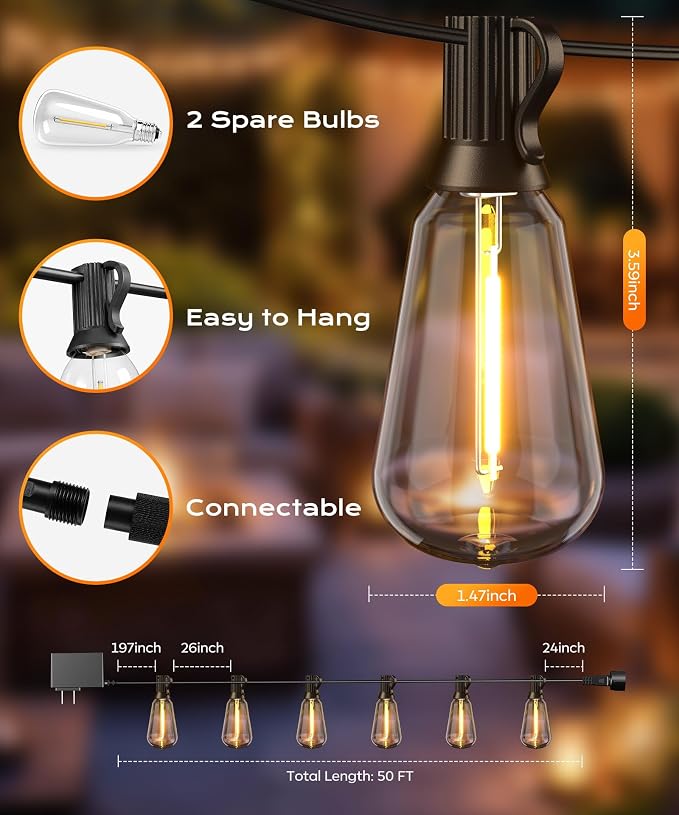 Outdoor String Lights, 50 FT Patio Lights for Outside | Smart App & Remote Control with Timer, Dimmable with 4 Scene Modes, Warm White Waterproof LED Bulbs for Garden, Yard Decor
